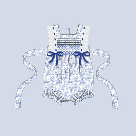 (Pre Order) No moq SR3219 pre-order baby girl clothes blue sleeveless romper-2025.9.13