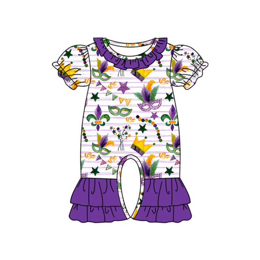 (Pre Order) No moq SR3224 pre-order baby girl clothes mardi gras purple short sleeve romper-2025.9.15