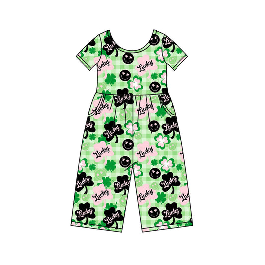 (Pre Order) No moq SR3237 PRE-ORDER baby girl clothes lucky green short sleeve jumpsuit-2025.9.25