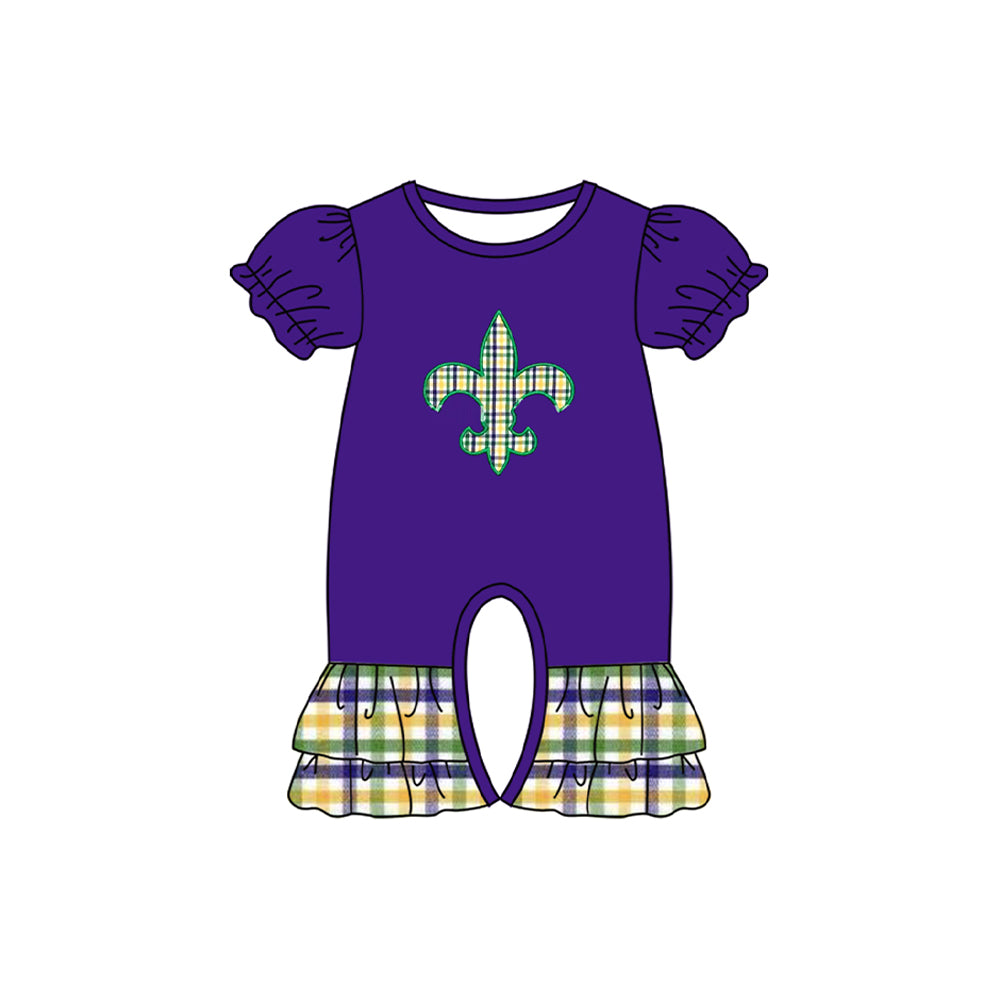 (Pre Order) No moq SR3240 pre-order baby girl clothes mardi gras purple short sleeve romper-2025.9.25