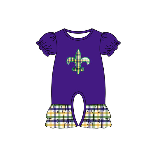 (Pre Order) No moq SR3240 pre-order baby girl clothes mardi gras purple short sleeve romper-2025.9.25