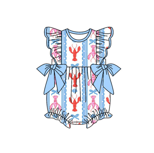 (Pre Order) No moq SR3317 pre-order baby girl clothes lobster bow blue flying sleeve romper-2025.10.14