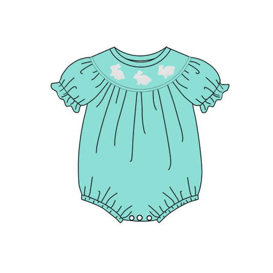(Pre Order) No moq SR3321 pre-order baby girl clothes bunny teal short sleeve romper-2025.10.15