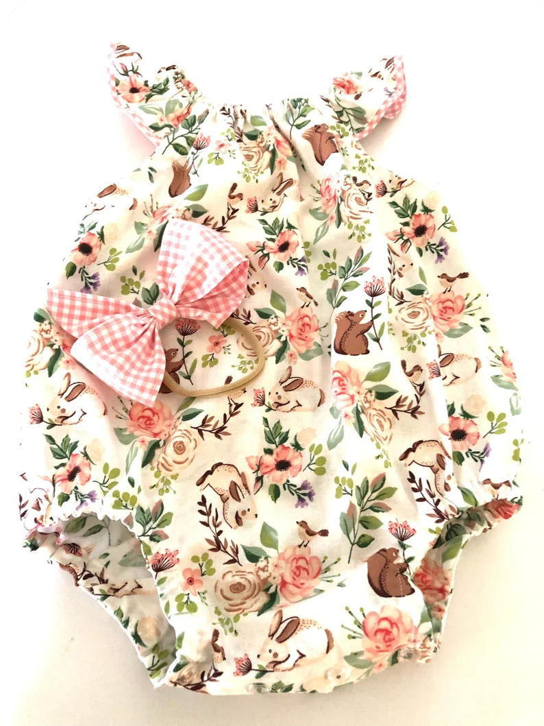 (Pre Order) No moq SR3427 pre-order baby girl clothes bunny flower flying sleeve romper-2025.10.28