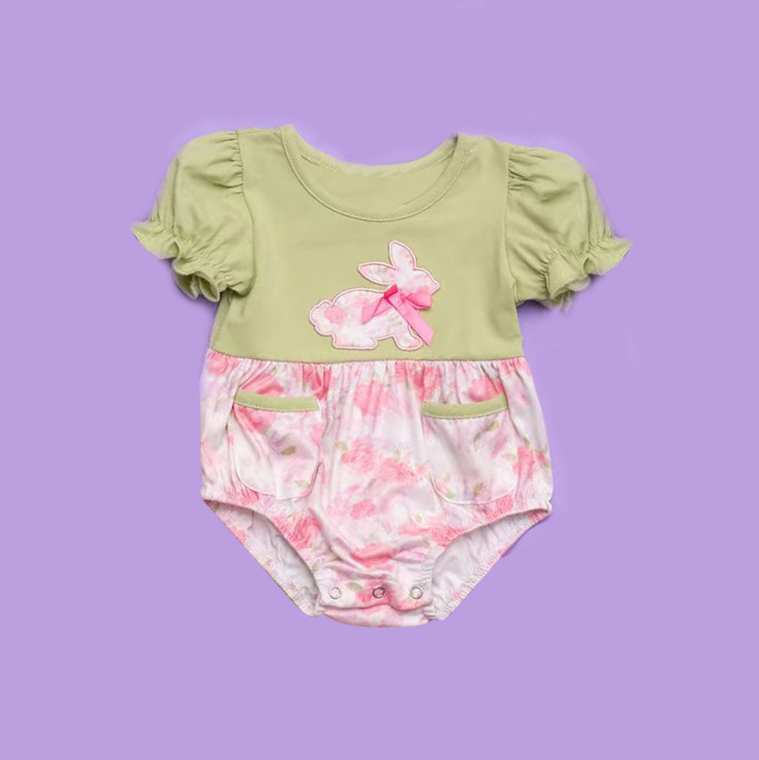 (Pre Order) No moq SR3466 pre-order baby girl clothes bunny floral short sleeve romper-2025.10.30