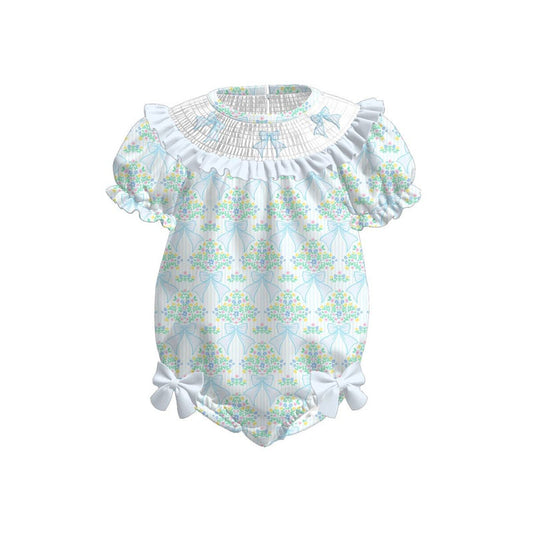(Pre Order) No moq SR3487 pre-order baby girl clothes bow floral blue short sleeve romper-2025.11.4