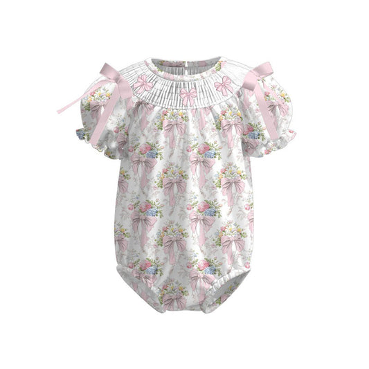 (Pre Order) No moq SR3488 pre-order baby girl clothes bow floral pink short sleeve romper-2025.11.4
