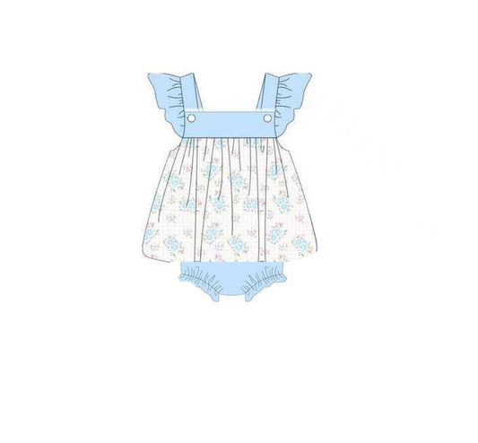 (Pre Order) No moq SR3553 pre-order baby girl clothes floral blue flying Sleeve romper-2025.11.14
