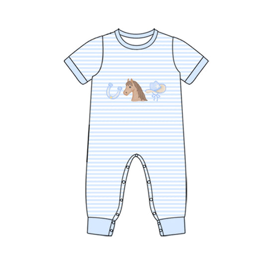 (Pre Order) No moq SR3598 pre-order baby boy clothes hat horse blue short sleeve romper-2025.11.18