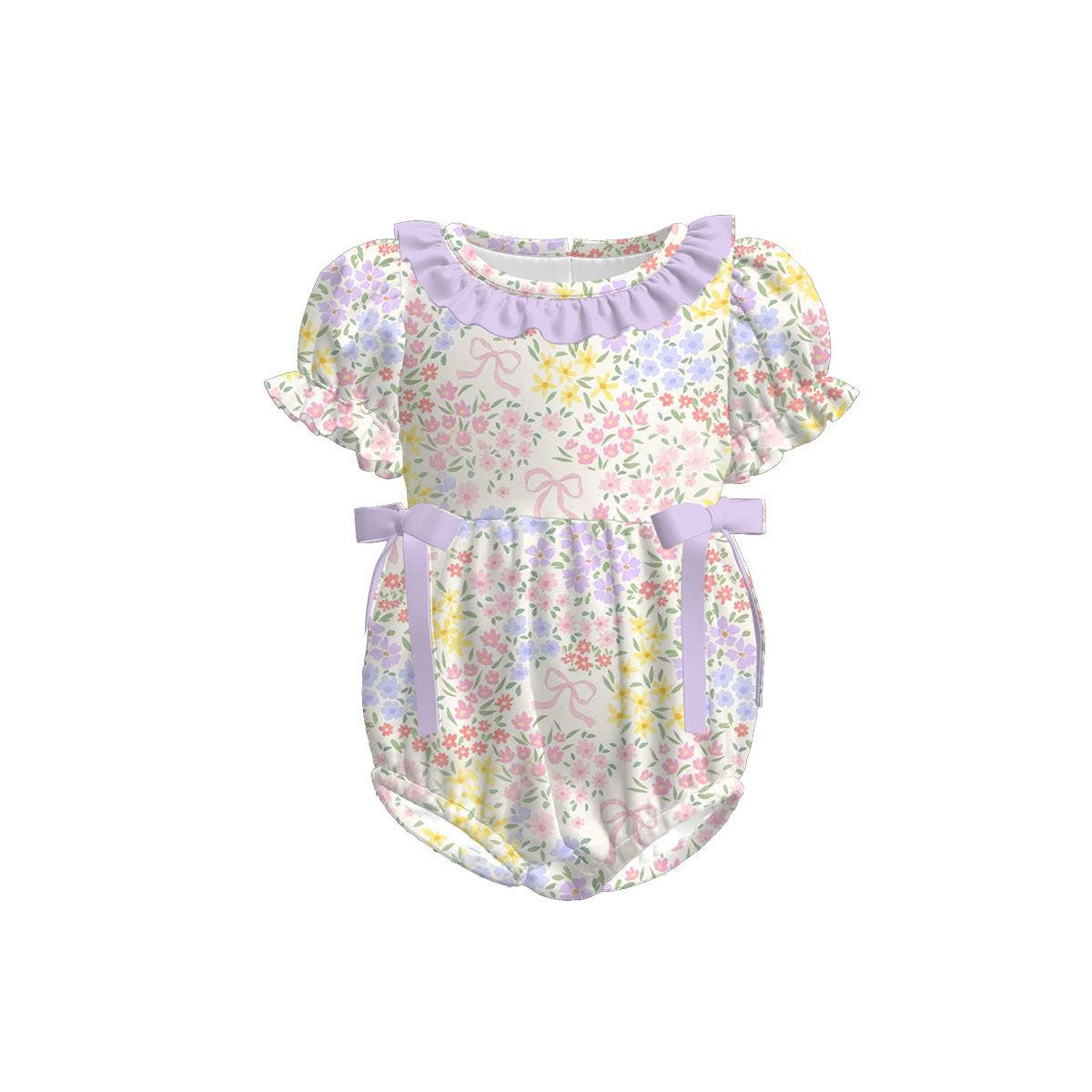 (Pre Order) No moq SR3692 pre-order baby girl clothes floral bow short sleeve romper-2025.11.25