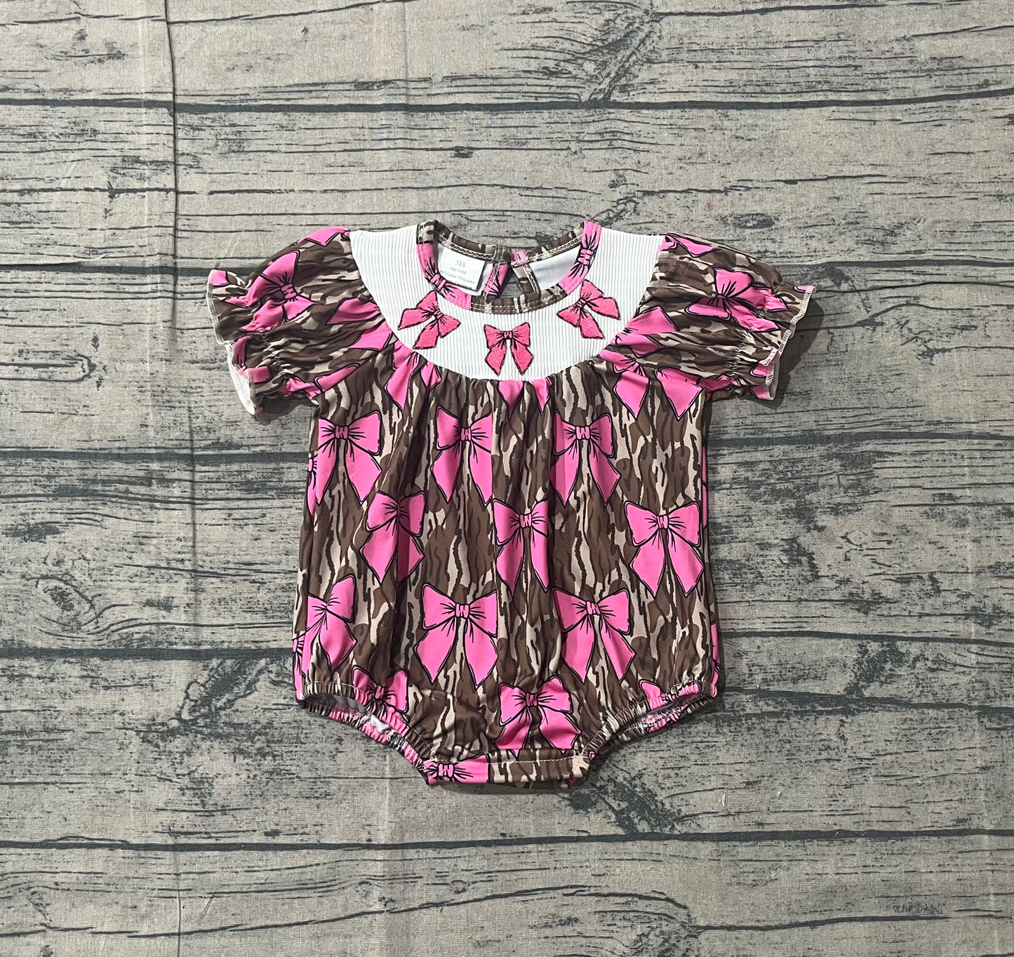 (Pre Order) No moq pre-order baby girl clothes smocked camouflage bow short sleeve romper-25.12.23
