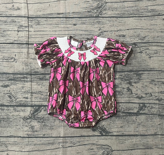 (Pre Order) No moq pre-order baby girl clothes smocked camouflage bow short sleeve romper-25.12.23
