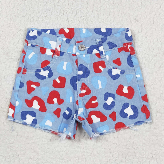 rts no moq SS0166 Red and blue leopard print denim shorts
