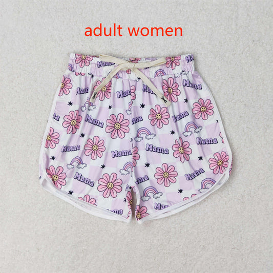 rts no moq SS0172 Adult women mama smiley flower purple and white plaid shorts