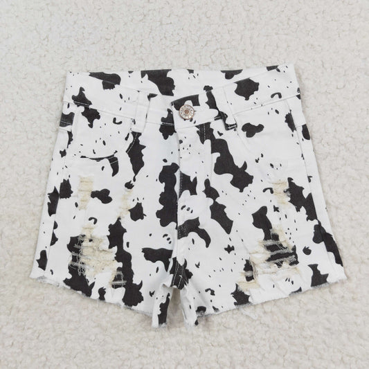 rts no moq SS0332 Cow pattern white ripped denim shorts