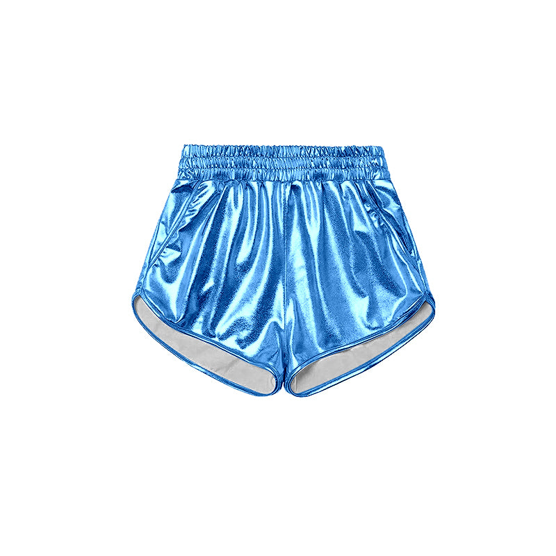 NO MOQ SS0408 pre-order baby girls clothes Blue shiny leather shorts-24.11.30