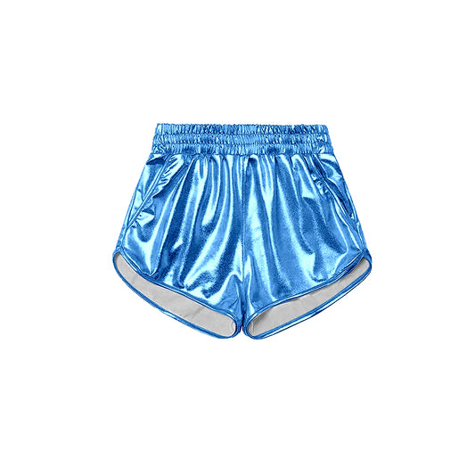 NO MOQ SS0408 pre-order baby girls clothes Blue shiny leather shorts-24.11.30