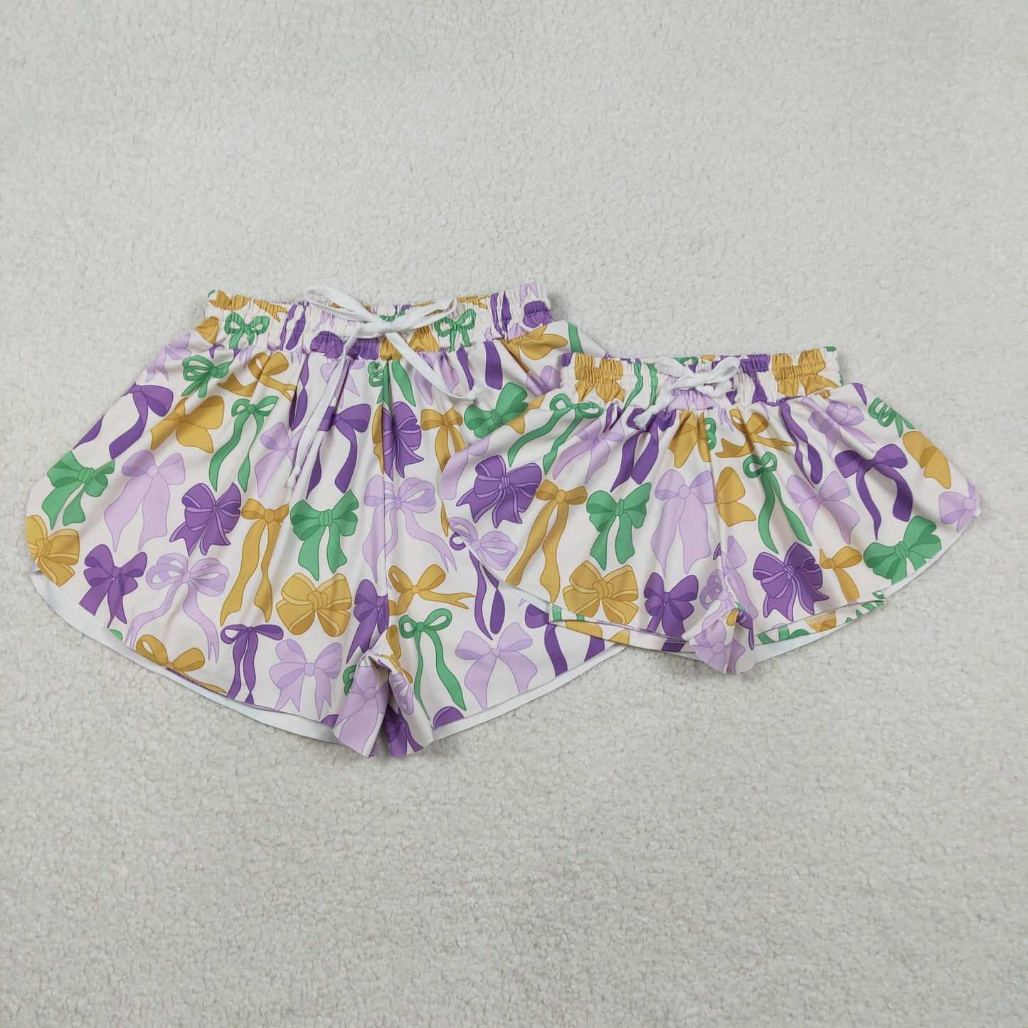 RTS NO MOQ Sibling baby girl clothes and Adult clothes mardi gras yoga bow kids shorts and adult shorts