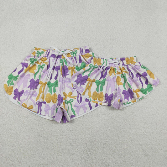 RTS NO MOQ Sibling baby girl clothes and Adult clothes mardi gras yoga bow kids shorts and adult shorts