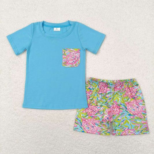 RTS	BSSO0846Turtle Seaweed Pocket Blue Short Sleeve Shorts Pajama Set