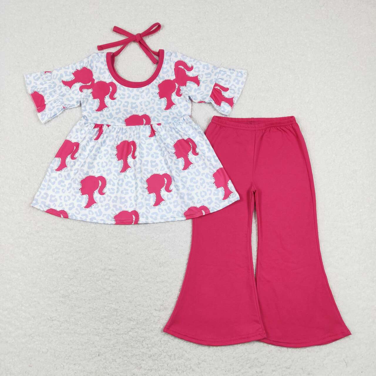 GSPO1187 barbie avatar leopard print short sleeve rose red trousers suit