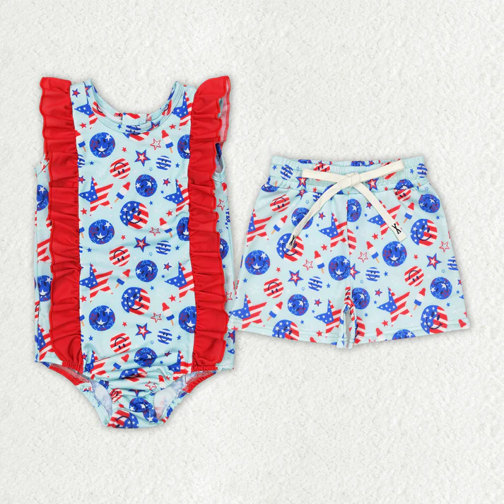 RTS NO MOQ Baby Girls Boys 4th Of July Smile Sibling Trunks Swimsuits