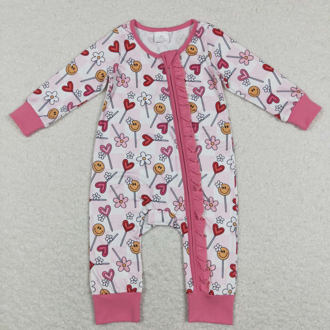 LR0884 Flowers, hearts, smiles, lollipops, pink and white plaid zipper long-sleeved jumpsuit