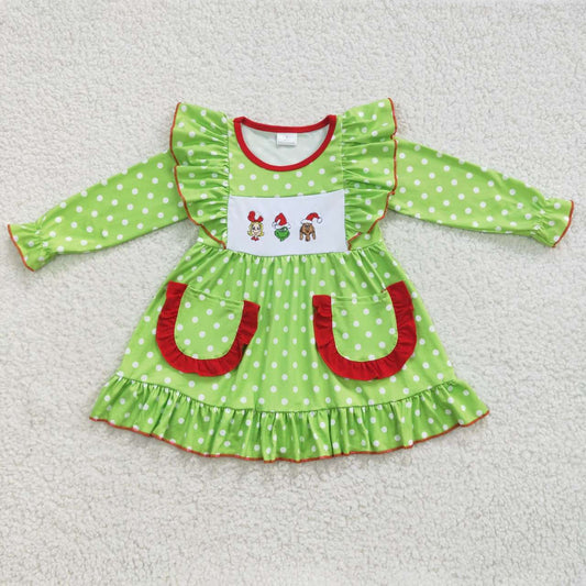 GLD0217 Christmas cartoon girl embroidery grinch dog polka dot green lace long sleeve dress
