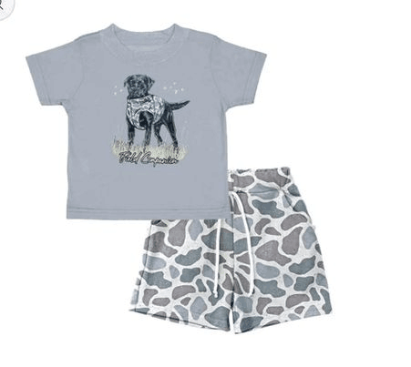 BT0463 field companion hunting dog camouflage blue short sleeve top +SS0140 Camouflage light gray shorts