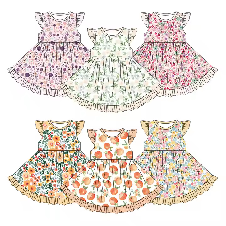 Custom moq 3 MIX SIZE eta 7/8week moq 5 eta /4/5week Small floral pleated skirt flying sleeve dress mixed suit