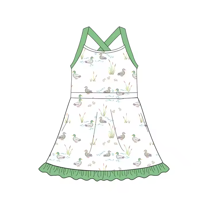 Custom moq 3 eta 7/8week moq 5 eta /4/5week Duck-Rice Pattern Green Slip Dress