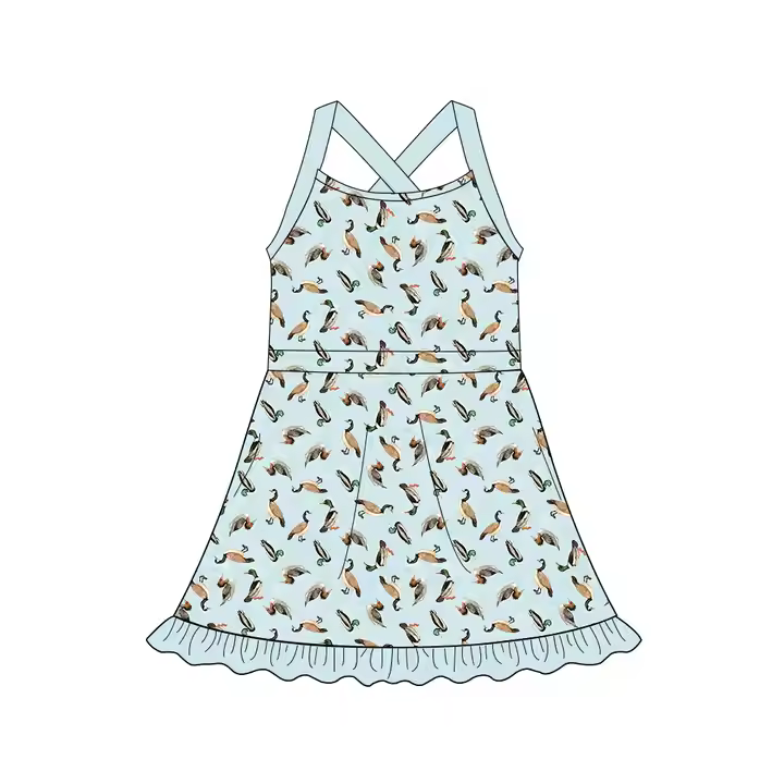 Custom moq 3 eta 7/8week moq 5 eta /4/5week Grey-blue suspender dress with floating duck pattern