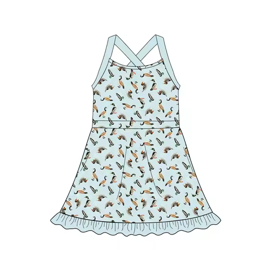 Custom moq 3 eta 7/8week moq 5 eta /4/5week Grey-blue suspender dress with floating duck pattern