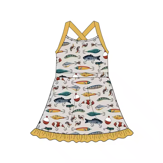 Custom moq 3 eta 7/8week moq 5 eta /4/5week Yellow Sling Dress with Sea Animal Fishhook Pattern