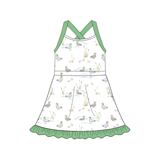 Custom moq 3 eta 7/8week moq 5 eta /4/5week Duck-Rice Pattern Green Slip Dress