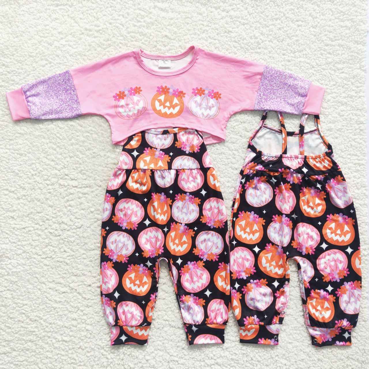 GLP0686 Floral pumpkin rose pink long-sleeved black trouser suit overalls set