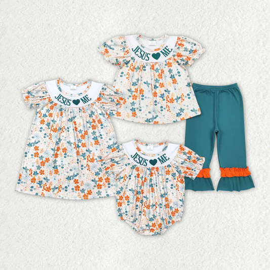 RTS NO MOQ Shipping time 5-7days Jesus Love Me Flowers Sibling Dresses Rompers Outfits  embroidery