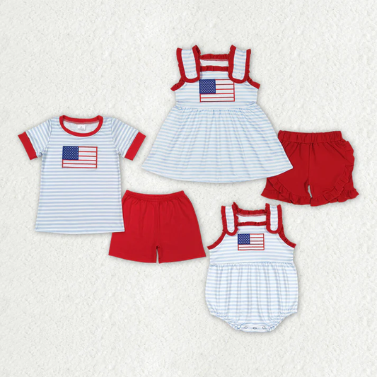 RTS Baby Girls Flag 4th Of July Sibling Rompers Clothes Sets