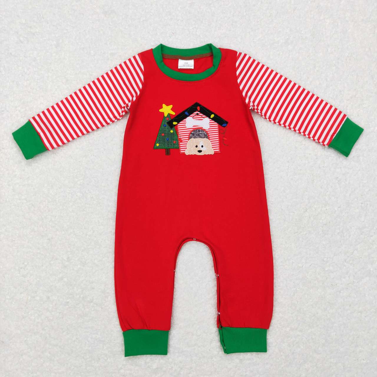 LR0659 Embroidery Star Christmas Tree Puppy House Red Stripe Long Sleeve Bodysuit