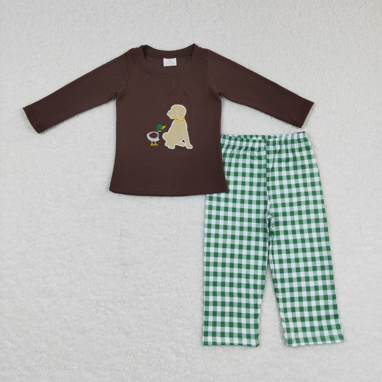 BLP0293 Embroidery Mallard Puppy Brown Long Sleeve Green and White Plaid Pants Suit