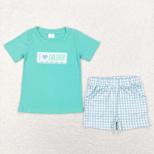 BSSO0406 I love daddy embroidered lettering short-sleeved blue, green and white plaid shorts suit