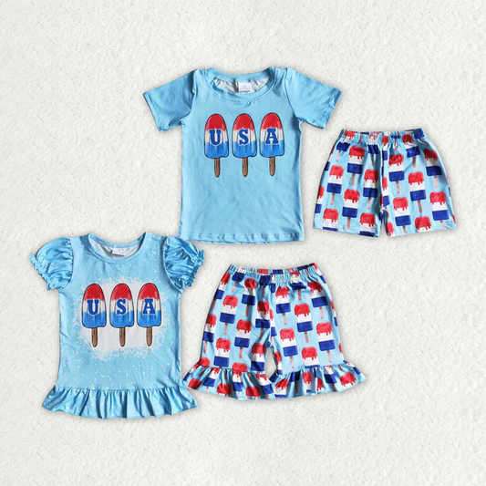 RTS 4th of July Baby Girls Boys USA Sibling Popsicle Shorts Clothes Sets