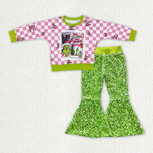 RTS NO MOQ ETA 6-7DAYS ARRIVED GT0733+P0148 Baby Girls Christmas Frog Shirt Green Sequin Bell Pants Clothes Sets