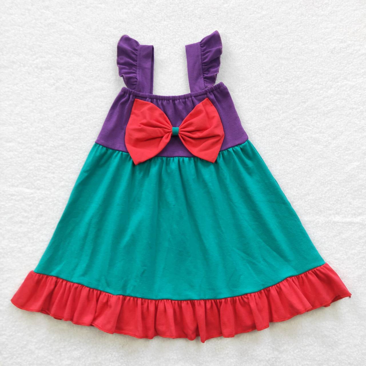 GSD0345 Green Purple Bow Flying Sleeve Dress