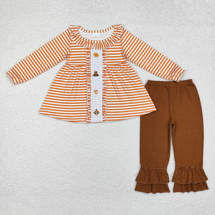 RTS NO MOQ Eta 5/7days Baby Girls embroidery Thanksgiving Turkey Rompers Pants Clothes Sets