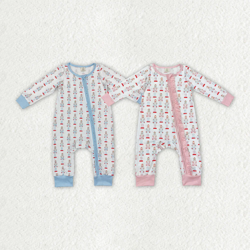 RTS NO MOQ Christmas Soldier Zip Bamboo Long Sleeve Christmas Romper