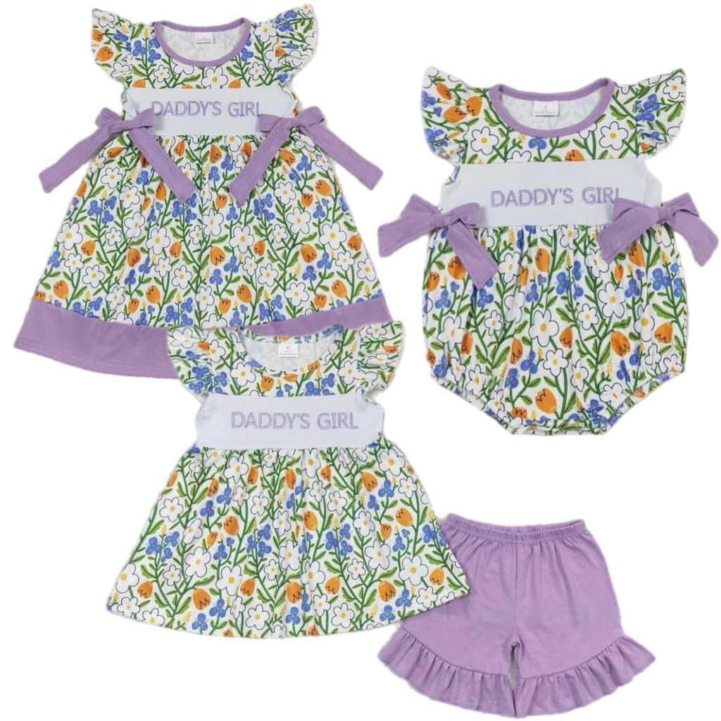 RTS daddy's girl embroidery letters flowers purple flowers   GSD0753  SR0891 Sibling Sister Clothes Sets