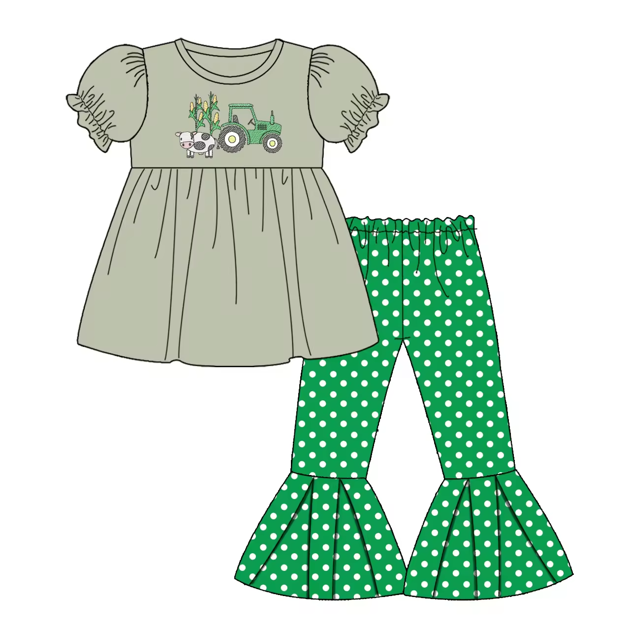 Tractor Cow Green Boys and Girls Matching Clothes Set custom moq 5 ets 5-6weeks