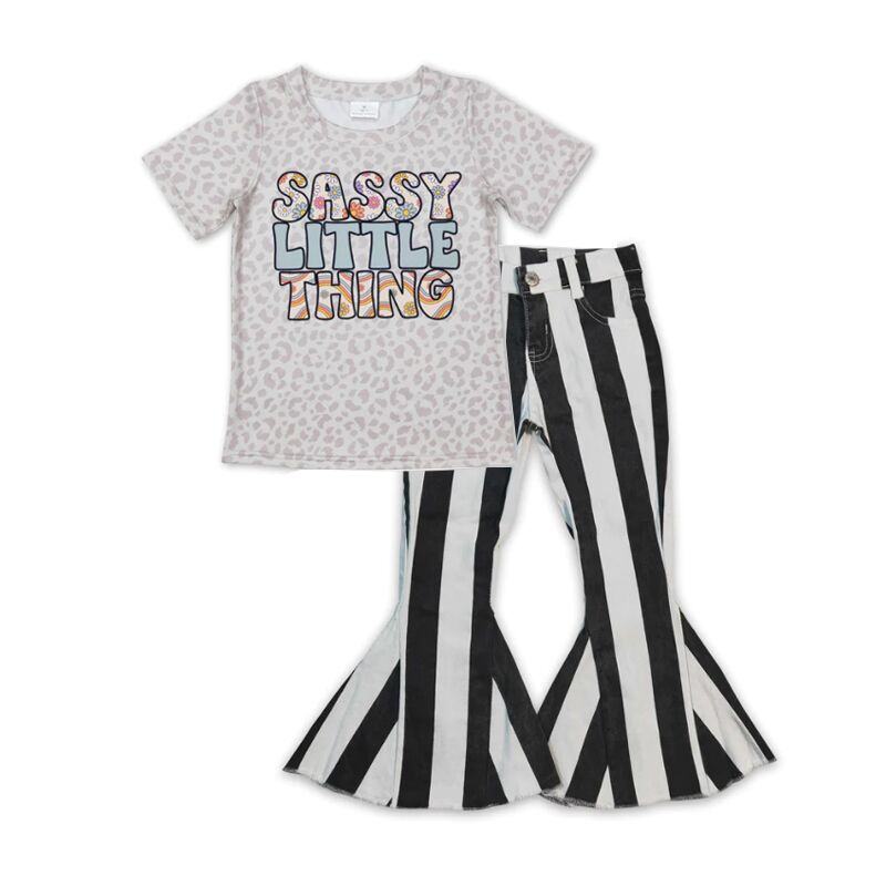 P0046 Black and white striped denim trousers+GT0401 sassy little thing letter flower leopard print short-sleeved top