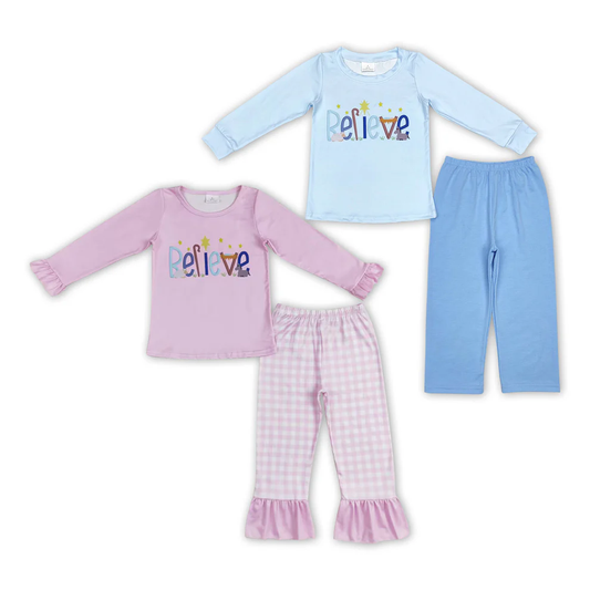 RTS NO MOQ Baby Girls Boys Sibling Christmas Believe Top Pants Clothes Sets